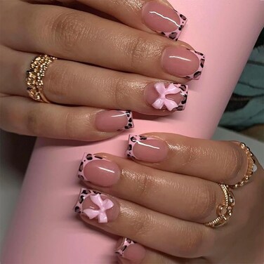YUEJIMEIGUI 24pcs Leopard Print French Tip PressOn Nails Short Square False Nails with Pink Bow Rhinestone Design Pink Full Coverage False Nails Crystal for Women Girls Medium Nail Art Decoration