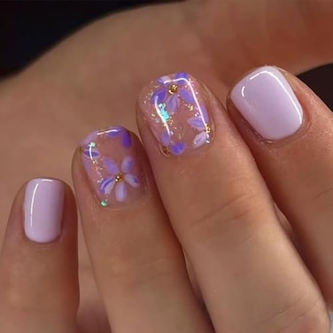 MMNHJHUT 24Pcs Purple Press on Nails Cute Flower Design Fake Nails Spring Press on Nails Short Square Acrylic Nails Glitter Press ons Stick on Nails for Women and Girls Spring Summer Nail Art Decor