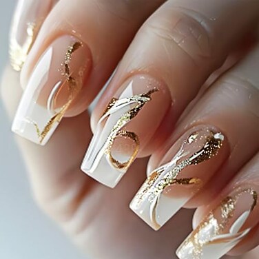 HZJXRT 24Pcs White Curve Line Press on Nails Yellow Gradient Medium Square Fake Nails Glossy Gold Glitter Stick on Nail Acrylic Full Cover False Nail Ombre Gel Glue on Fingernails for Holiday Manicure