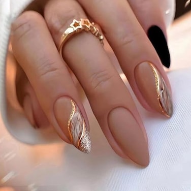 AROVFAM 24Piece Marble PressOn Nails Curve Line Design Glossy Brown Glitter Sparkly Gold River Manicure Art Almond Shaped False Nails