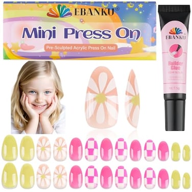 EBANKU 26 Pieces Press on Nails for Kids 1Pack Kid Fake Nail Kit Spring Flower Short Artificial False Nail Kits for Kids Girls with Nail Glue
