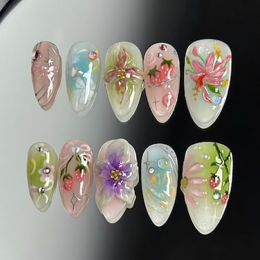 NZRAESTRS 30Pcs 3D Flower Press on Nails Medium Almond Fake Nails with Pearl Rhinestones Designs Fill Cover Glue on Nails Cute Strawberry Acrylic Nails Pink Bow False Nails Star Floral Stick on Nails