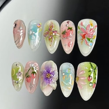 FDSQHSA 30pcs Flower Press on Nails Medium Almond Fake Nails with 3D Flower Strawberry Designs Handmade False Nails Gold Beads Bow Star Rhinestones Stick on Nails Floral Full Cover Glue on Nails for W