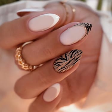 FJSMTOPl Almond Press on Nails Medium Fake Nails with Designs White French Tip False Nails Press ons Glitter Line Zebra Print Glossy Acrylic Glue on Nails Full Cover Artificial Stick on for Women Supp