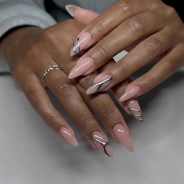 BABALAL Acrylic Press on Nails Medium Almond Fake Nails Nude Glue on Sliver Chrome24Pcs Stiletto False Nails Trendy Thick Manicure Gel