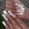 BABALAL Long Coffin Press on Nails White French Tip Fake Nails Glue on Rhinestone Flower Acrylic Stick on Nail for Women and Girls