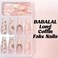 BABALAL Long Coffin Press on Nails White French Tip Fake Nails Glue on Rhinestone Flower Acrylic Stick on Nail for Women and Girls