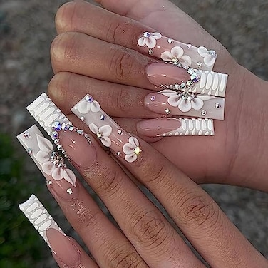 BABALAL Long Coffin Press on Nails White French Tip Fake Nails Glue on Rhinestone Flower Acrylic Stick on Nail for Women and Girls