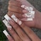 BABALAL Long Coffin Press on Nails White French Tip Fake Nails Glue on Rhinestone Flower Acrylic Stick on Nail for Women and Girls