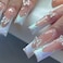 BABALAL Long Square Press on Nails White French Tip Chrome Butterfly Design Shiny Glossy Acrylic Glue on Nails for Women and Girls 24 Pieces