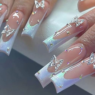 BABALAL Long Square Press on Nails White French Tip Chrome Butterfly Design Shiny Glossy Acrylic Glue on Nails for Women and Girls 24 Pieces