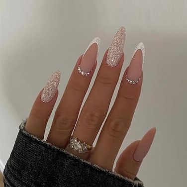 BABALAL Press On Nails Medium Almond Shape Pink Nude Matte 24pcs Stiletto False Nails With Glue Bling Design Acrylic Nails