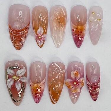 BABALAL Press on Nails Almond Medium Fake Nails Orange Pink Glue on 3D Texture Ripple Flower Handmade French Tip Acrylic False Nails 24Pcs Stiletto Manicure Coquette Stick on Nails