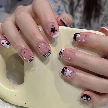 BABALAL Square Press on False Nails Short Fake Nails Pink Black French Tip Glue on Acrylic Nails Y2k Star Rhinestone 24Pcs Squoval for Women and Girls