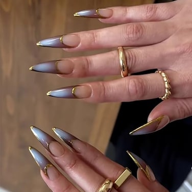 BABALAL Stiletto Press on Nails Long Fake Nails French Tip Brown Ombre Glue on Nails Chrome Acrylic Nails Almond Full Cover Gel Artificial Stick on False Nails