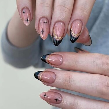 LOPMNGHT Black Gold French Fake Nails Press On Medium Almond Black Stars 24Pcs Artificial Acrylic Full Cover Reusable Coffin Nails Glue On for Womens Manicure