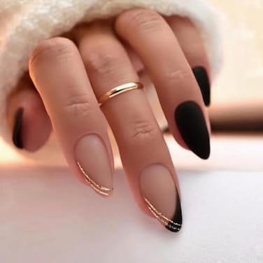 FJSMTOPl Black Press on Nails Medium Almond Fake Nails Matte False Nails Press ons with Designs French Tip Acrylic Full Cover Glue on Nails Halloween Stick on Nail for Women Manicure 24 Pcs