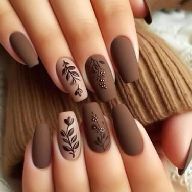 TOGZOM Brown Press on Nails Medium Square Fake Nails Flower Leaf Acrylic Nails Matte Artificial Nails Coffin False Nails Full Cover Stick on Nail for Women Manicure 24Pcs