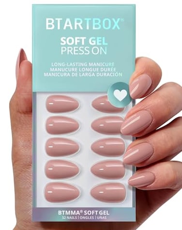 BTArtbox Press On Nails Almond Flesh Pink Nude Short Fall Press On Nails with Glue for Women Opaque Soft Gel Glue On Nails in 16 Sizes 32 Stick On Nails Kit Fawn Fleek