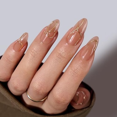 BTArtbox Press On Nails Almond Press On nails with 3D Gold Lines Design Medium Glue On Nails with Nail Glue Gold Swirl Stick On Nails in 15 Sizes Radiant Ribbons