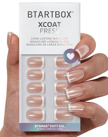 BTArtbox Press On Nails Short LampCurable Chrome French Tip Square Press On Nails with Glue for Women SemiTransparent Soft Gel Glue On Nails in 16 Sizes 32 Stick On Nails Kit Evening Attire