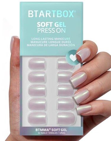 BTArtbox Press On Nails Short Pearlescent Glitter Square Press On Nails with Glue for Women Opaque Soft Gel Glue On Nails in 16 Sizes 32 Stick On Nails Kit Screaming Silver