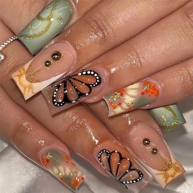 RTKHFZE Buttterfly Press on Nails Long Square Fake Nails French Tip Press on False Nails with 3D Butterfly and Ombre Design Acrylic Long Nails Press ons Stick on Nail for Women 24pcs