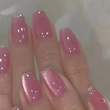 FOLONRAL Cat Eye Press on Nails Short Coffin Fake Nails with Glitter French Designs Pink Nails Press ons Glossy Glue on Nails Cute Acrylic Nails Artificial False Nails Simple Stick on Nails for Women