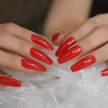 Coolnail CoolNail Extra Long Coffin Ballerina Shape False Press on Flame Red Nails UV Gel Summer Glue On Fingersnails Free Adhesive Tapes