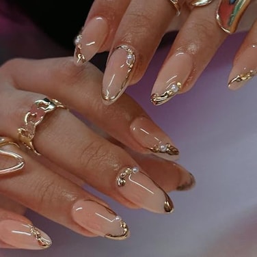 CTTHNBD Press on Nails Almond French Tip Fake Nails with Gold Line Design Medium Fasle Nails Press ons for Women 24 Pcs