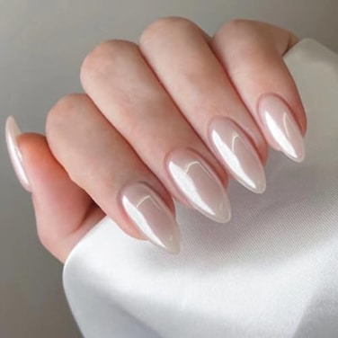 CTTHNBD Press on Nails Almond Medium Fake Nails with Aurora Design White Full Cover Stick on False Nails for Women 24 Pcs