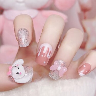 Tezocr Cute Press on Nails Medium Square Cartoon Fake Nails with Gems Charms Cute Acrylic Nails Supply Cartoon Aarylic Nails for Women 24pcs