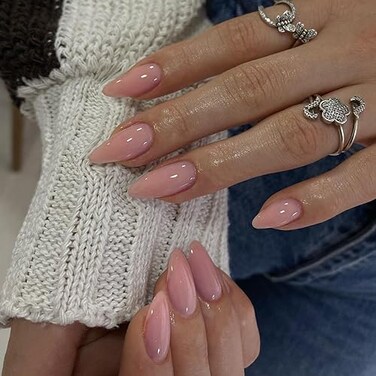 KXAMELIE Dusty Pink Press on Nails Almond Shaped 48Pcs Neutral Thick Fake Nails for Women Medium Almond Nails Press on Reusable Acrylic Nails Glue on Medium Length Stiletto False Nails Gel Artificial