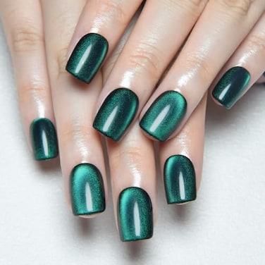 evpct Green Cat Eye Extra Short Press on Nails Square Petite Short Square Stick on Nails for Women Gift Emerald Green Metallic Glitter Glossy Reusable Gel Press on Acrylic Fake Nail with Designs