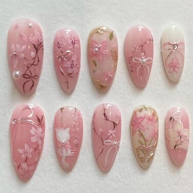 FDSQHSA 30pcs Pink Flower Cute Cat Almond Acrylic PressOn False Nails Kit with Rhinestone Pearl Designs Bow Summer Floral Nail Decoration
