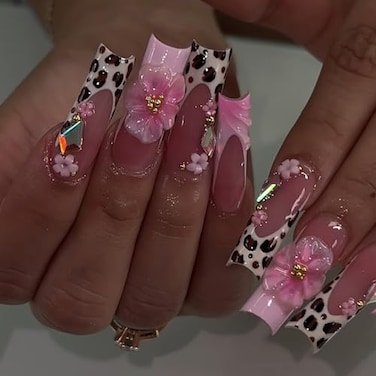FIEONCIY Press on Nails Coffin Long Length Acrylic Glossy Full Cover Square Shaped French False Nails with Designs Artificial Extra Long Fake Nails with Charms Glue ons Fingernails for WomenAS22