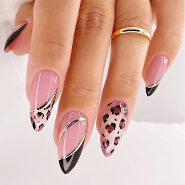 FJSMTOPl Alomnd Press on Nails Leopard Print Fake Nails Medium False Nail Press ons French Tip Acrylic Glue on Nail Artificial Nail Stick on Nails for Women Manicure 24Pcs