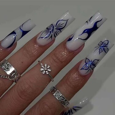 Foccna Long Blue Press on Nails Square Fake Nails White Full Cover Butterfly Acrylic False Nails Glossy Nails for Women and Girls24PCS