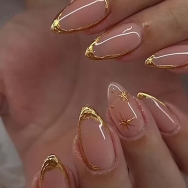 Foccna Press on Nails Almond Fake Nails with Gold Line Design Glue on Nails Acrylic Nails Glossy Full Cover Stick on Nails for Women 24Pcs