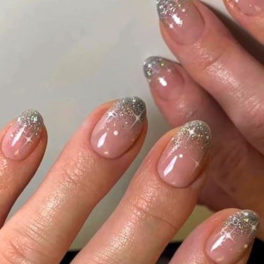 Stbisen French Pink Press on Nails Short Oval Summer Fake Nails with Sparkly Silver French Tips Designs Glossy Gel Finish Acrylic Nails Thick Reusable Glue on Nails Kit for Women 24Pcs Silver Blessing