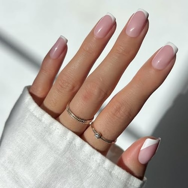 Glamnetic Press On Nails Classy French Medium Square Fake Nails with Trendy Micro French Tip Salon Quality 15 Sizes 30 Nail Kit
