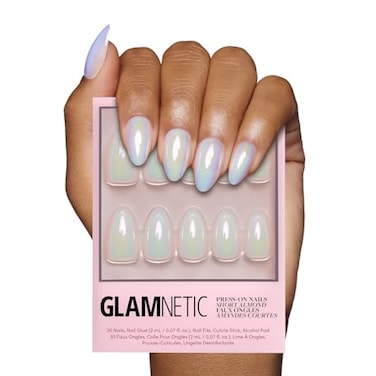 Glamnetic Press On Nails Entranced Short Almond White Holographic Fake Nails SemiTransparent Salon Quality 15 Sizes 30 Nail Kit with Glue