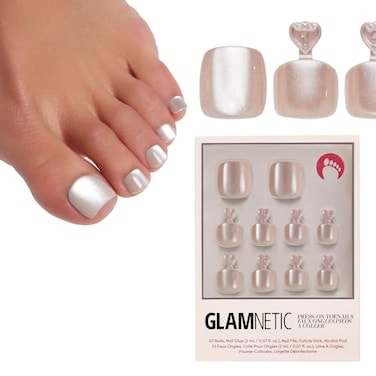 Glamnetic Press On Toenails Pure Intentions Subtle Iridescent Nude Sparkle Fake Toe Nails in a Glossy Finish 16 Sizes 32 Toe Nail Kit with Glue