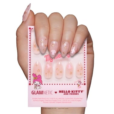 Glamnetic x Hello Kitty and Friends Press On Nails My Melody Short Almond Gold Foil 3D Graphic Fake Nails in a Glossy Finish 15 Sizes 30 Nail Kit with Glue