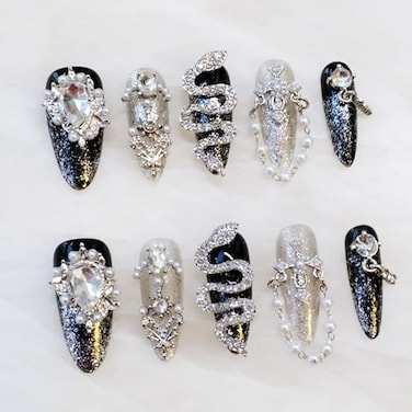 GLORS Luxury Long Almond PressOn Nails Black and Silver Glitter with 3D Rhinestones and Pearl Accents Handmade False Nail 10 Pieces Small LS