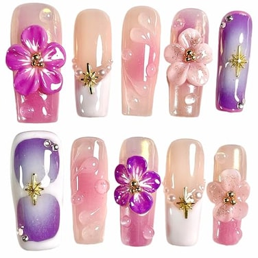 BByogooz Handmade Press On Nails MediumLong Square Pink 3D Sakura Design Reusable French Acrylic Fake Nails with Gold Stars Pearls Luxury Cherry Blossom False Nails Sakura M