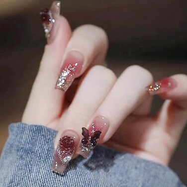 Hkanlre Bling Coffin Press on Nails Fake Nails Tips Full Cover Medium False Gradient Nails for Women and Girls 24PCS Red Coffin