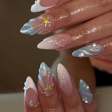 HOSAILY 3D Summer Beach Press on Nails Medium Almond Blue White Ombre Shell Star Pearl Designs SemiHandmade Full Cover Stick on Nails Gift for Women 24Pcs Glossy Reusable Fake False Nails