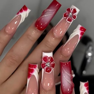 HOSAILY Summer Flower Press on Nails for Women Long Square Hot Pink Ombre 3D Tropical Floral Rhinestone Spring Beach Fake False Nails 24Pcs Glossy Full Cover Stick on Gradient Nails