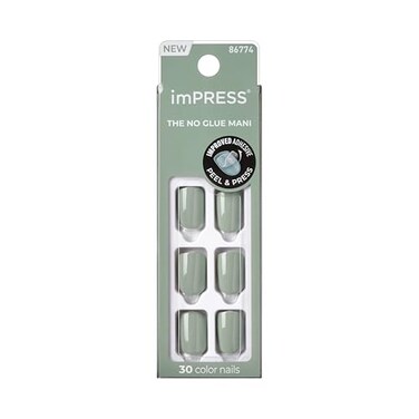 imPRESS Impress Color Press On Nails Going Green Solid Green Short Squoval PureFit Technology Patented Super Hold Adhesive Chip Proof Smudge Proof Mini Nail File Manicure Stick 30 Fake Nails